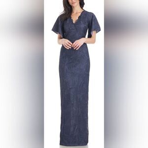 JS COLLECTIONS Drina V-Neck Column Gown NWOT size 8 Navy Blue